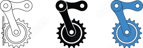 Bicycle derailleur pulley icons in outline, solid black, and blue colored wheel variations