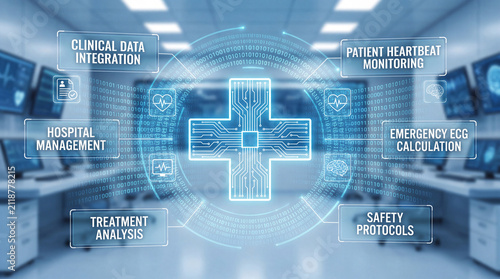 Digital healthcare technology processing medical cross symbol for clinical data integration hospital management treatment analysis patient heartbeat monitoring emergency ecg calculation and safety
