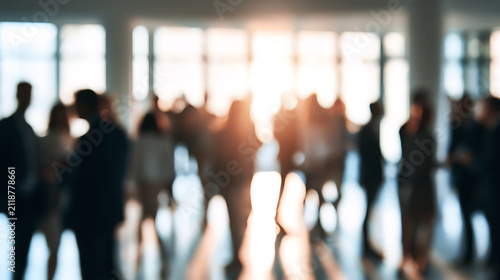 Blurry silhouettes of people in a bright office, depicting networking, teamwork, and professional collaboration in a modern environment.