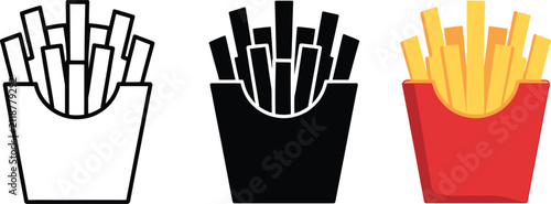 French fries in paper boxes in outline stroke, solid black silhouette and colored vectors