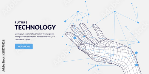 Wireframe 3d hand vector illustration. Abstract technology banner design with microchip tech lines. Digital data concept