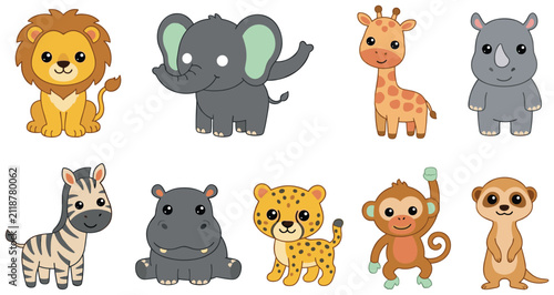 Photography Cute Safari Animal Character Collection with Lion, Elephant, Giraffe, Rhinoceros