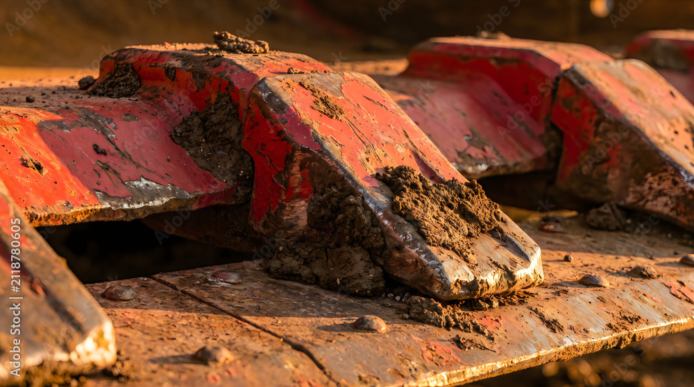 Fototapeta premium Close up of Muddy Red Excavator Bucket Teeth in Golden Light