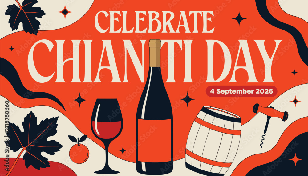 Obraz premium Celebrate chianti day poster with wine bottle, glass, and barrel