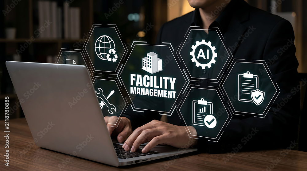 Fototapeta premium Business professional using laptop with Facility Management virtual interface