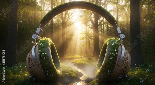 Lush green moss-covered headphones in sun-drenched forest clearing with stream