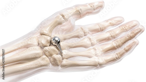 Human wrist joint implant with transparent hand skeletal anatomy orthopedic medical illustration isolated on white background