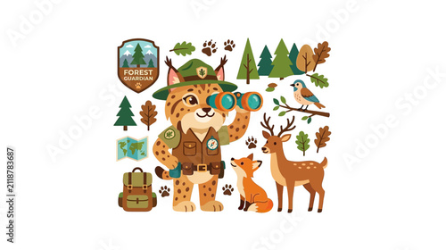Canvas Print Cartoon forest ranger lynx character with wildlife and gear