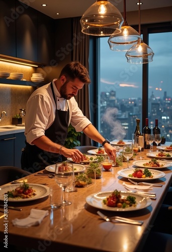 Exclusive Penthouse Kitchen Private Chef Preparing Decadent Coursed Meals for Opulent Billionaire Dinner Gathering