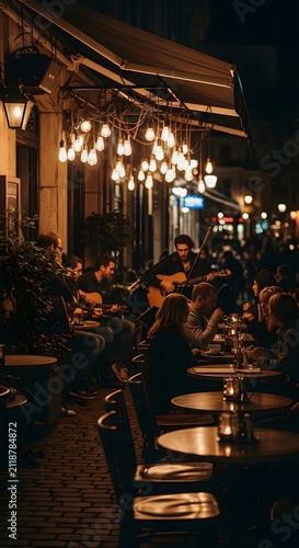 Musicians perform live acoustic music outdoors at a dimly lit cafe in the evening creating a warm atmosphere