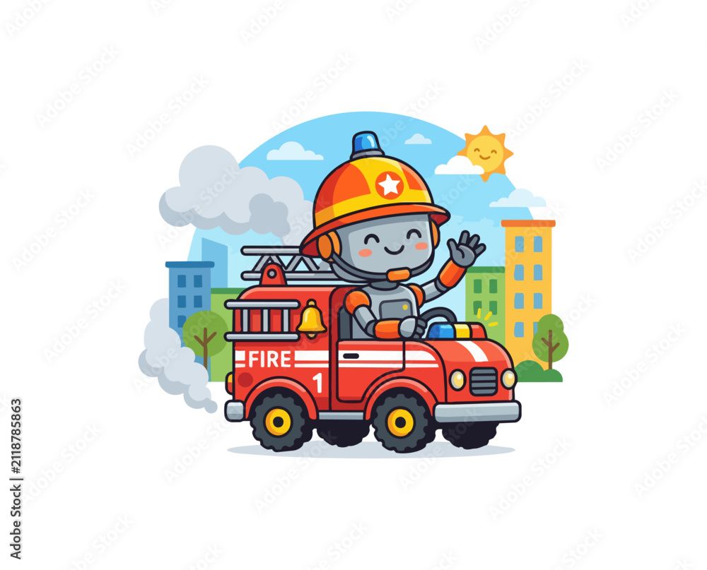 Fototapeta premium Cute robot firefighter drives red truck cartoon illustration