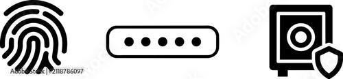 Fingerprint identification, password field, and metal safe box icons representing personal data protection and secure digital vault access