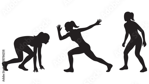 Fotografie Runner silhouettes depicting start stride and finish against a white background