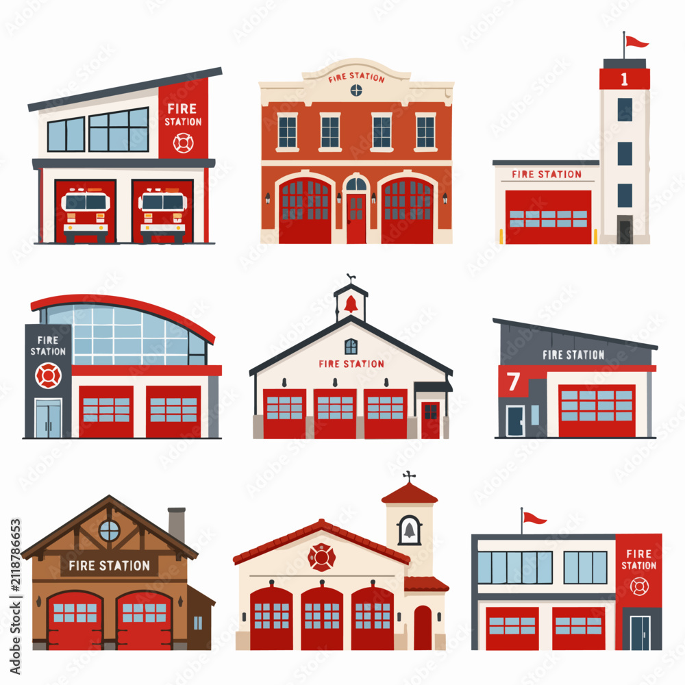 Fototapeta premium Vector illustration set of various fire station building designs on white background.