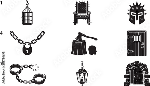 Fotografía Dark medieval dungeon and torture vector icon set featuring iron cage, spiked th
