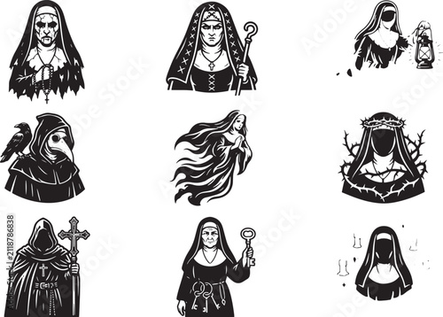 Принти на полотні Spooky gothic nun and creepy plague doctor vector icon set featuring dark religi