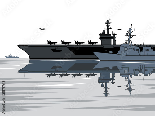 Foto Naval Aircraft Carrier Fleet Illustration with Destroyer and Fighter Jets