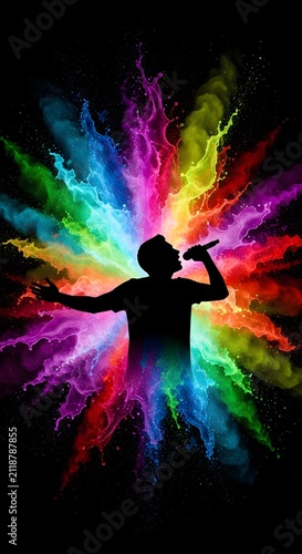 Silhouette of a male singer performing with vibrant colorful powder explosions against a black background