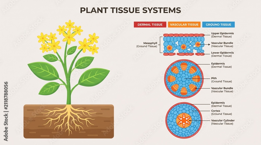 Fototapeta premium Educational diagram of plant tissue systems in leaf stem and root