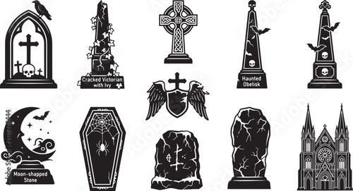 Cemetery Tombstones and Halloween Graveyard Elements Vector Set: Spooky Crypts, Coffins, and Crosses
