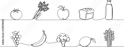 Continuous Line Food Pattern Set with Fruits Vegetables Bread Cheese and Milk Bottle for Healthy Eating and Grocery Designs