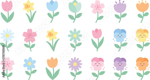 Cute pastel colored flower with simple shapes and friendly faces arranged in a grid pattern on a plain white background for