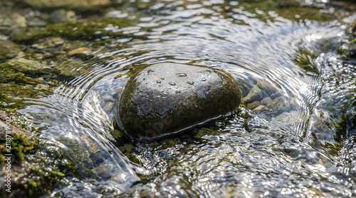 A serene stone resting in a gently flowing brook represents the concept of amicable divorce where calm stability follows after a turbulent life transition