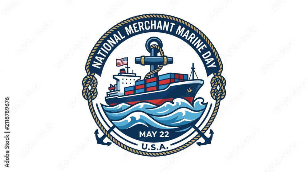 Fototapeta premium National Merchant Marine Day Commemorative Emblem Featuring a Cargo Ship and Anchor for Maritime Celebration Illustration