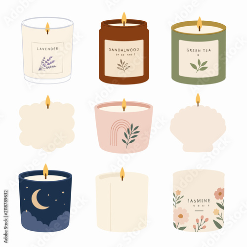 Cozy illustrated candle set with botanical labels, flames, jars, moon, flowers, and aromatherapy themes