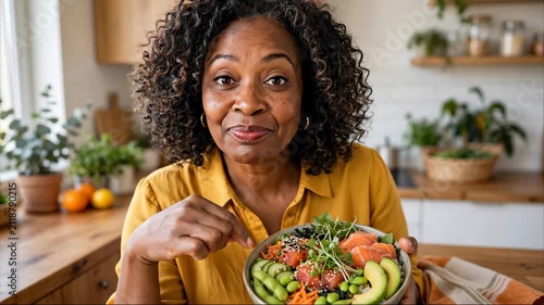 Happy mature Black woman holding fresh salmon poke bowl with avocado in sunlit kitchen