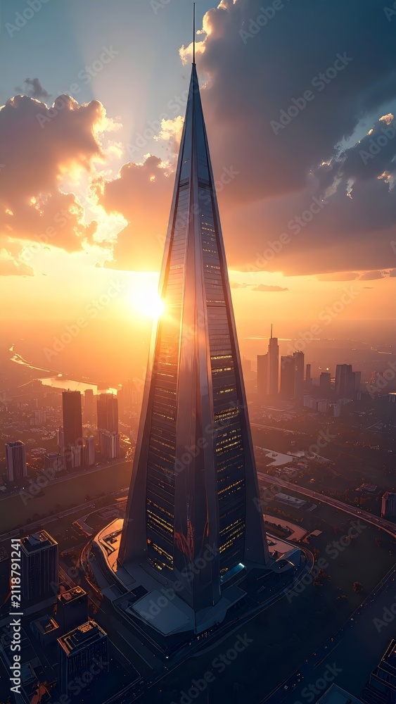 Naklejka premium Stunning architectural marvel of a modern skyscraper piercing the sky at sunset with golden hues