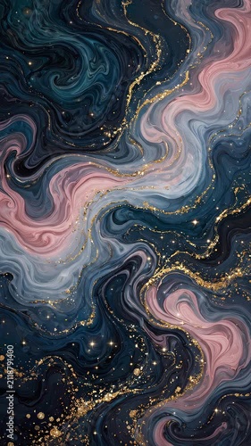 Abstract navy blue and pink fluid marble background with shimmering gold glitter and liquid swirls.