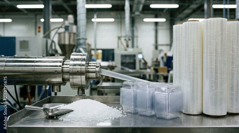Fototapeta premium Plastics manufacturing growth with resin pellets, injection molded containers, extruder barrel, and polyethylene film rolls on a stainless workbench.