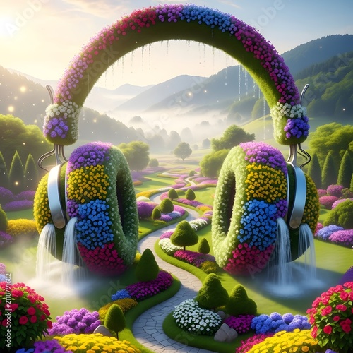 Whimsical headphones sculpted from lush green foliage and vibrant flowers creating a magical garden landscape
