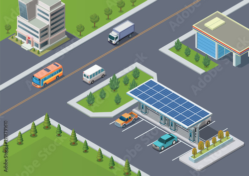 Isometric Illustration of an Urban Electric Vehicle Charging Station
