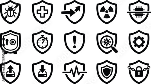 Foto Shield security and protection icon set in flat line style for network safety antivirus and data defense concepts