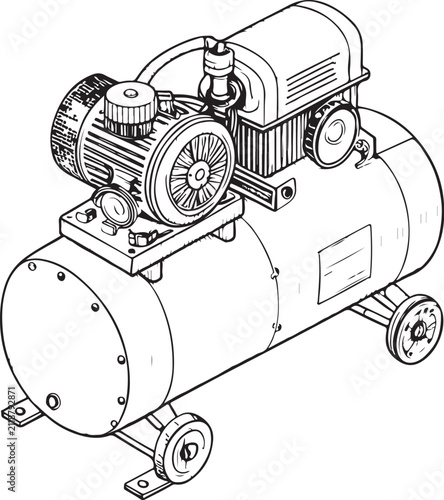 Air compressor (Workshop equipment) Hand-drawn Sketch Drawing Vector Illustration, Line Linear Symbol Black and White Engraving, Isolated