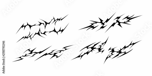 Abstract neo tribal tattoo elements set. Sharp spiky line art vectors. Modern cyberpunk and gothic graphic ornaments