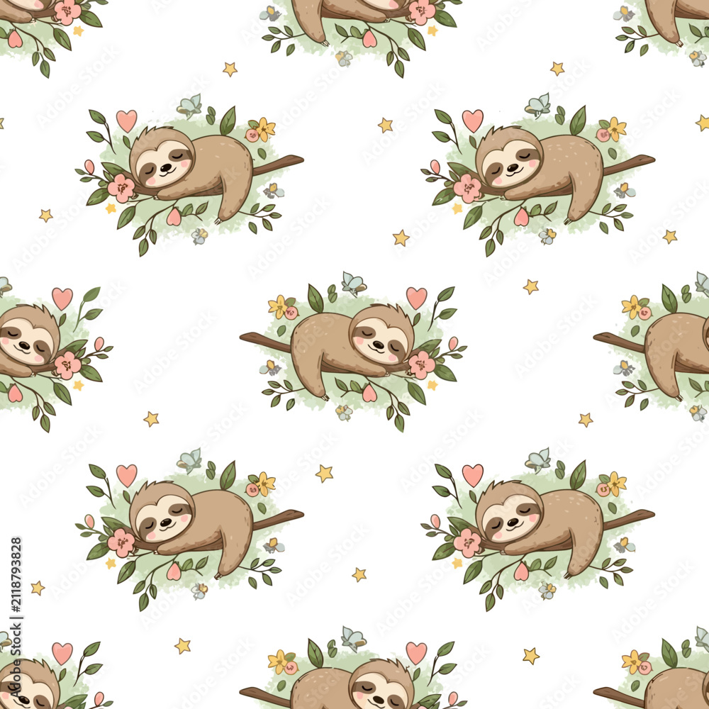 Obraz premium Cute Sloth Illustration Pattern