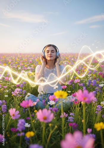 Young woman meditating in a vibrant wildflower field listening to music with headphones light waves
