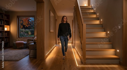 Smart home occupancy lighting paths, safe efficient navigation, autumn evening, subtle guidance, thoughtful automation