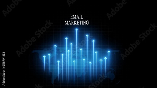 Email marketing growth concept: digital map with rising neon arrows showing business success and data analytics trends