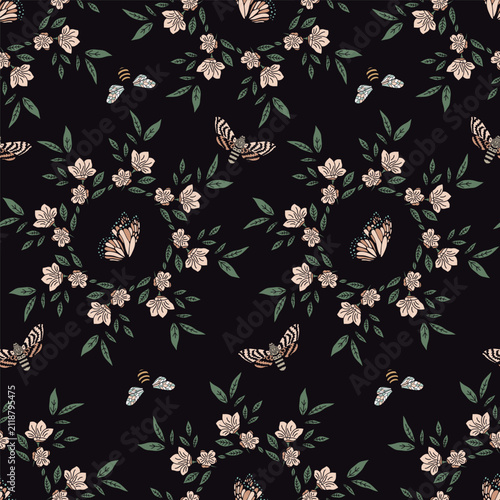 Dark Mood Floral Arrangements with Moths and Butterflies Vector Seamless Pattern