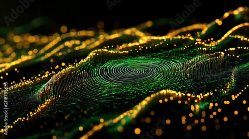 Abstract futuristic green and gold data waves and concentric circles