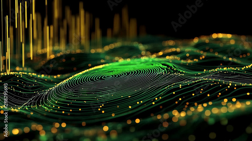 Abstract futuristic green and gold data waves and concentric circles