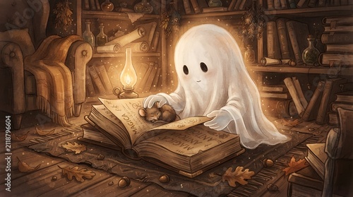 Cute little ghost reading an ancient magic book with a small mouse in a cozy library