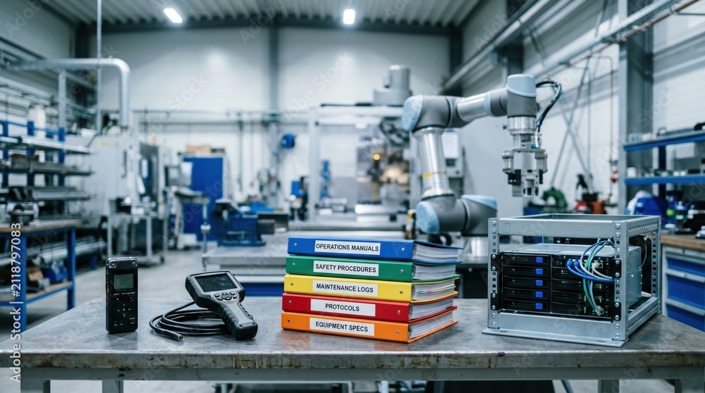 Fototapeta premium Industrial knowledge preservation concept with robotic arm, archived server rack, color tabbed binders, voice recorder, and inspection camera in a workshop.