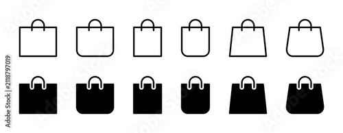 Shopping bags vector linear and silhouette icons set. Paper market bag symbols. Isolated icon collection of bags on white background.
