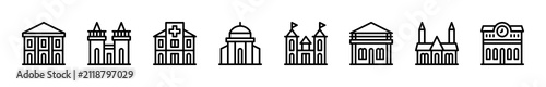 Building and structures vector linear icons set. Contains such icons as hospital, school, university, library, museum, church and more.