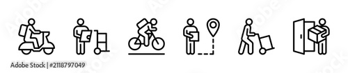 Box delivery vector linear icons set. Isolated icon collection such as porter, carrier, transportation, address and more. Isolated icon collection of cargo delivery related.